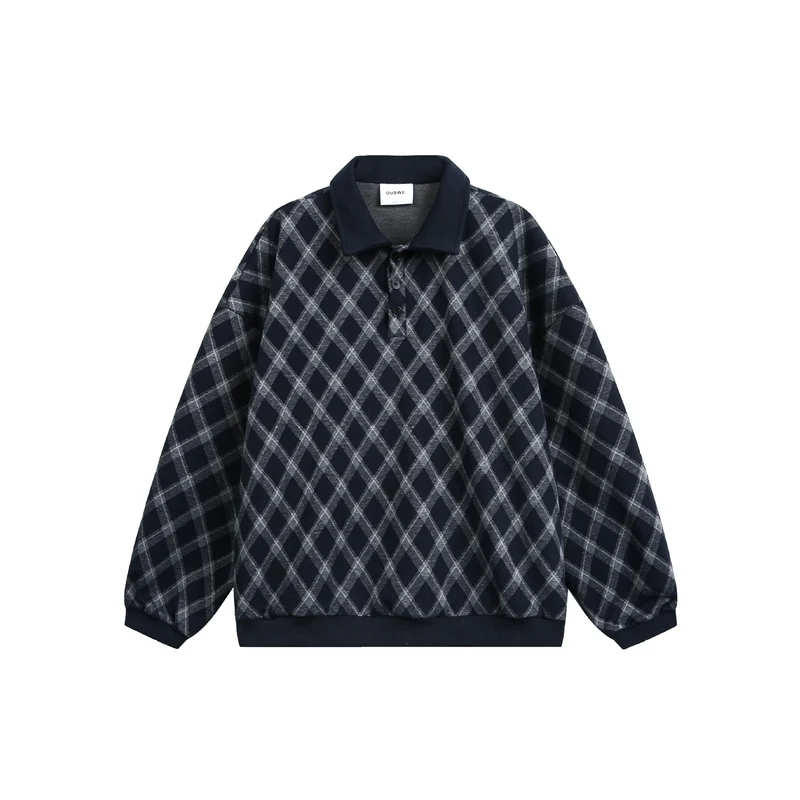 Damen Karierter Oversize‑Polo‑Pullover mit Halbknopfleiste und Rippbündchen Nord Taschen