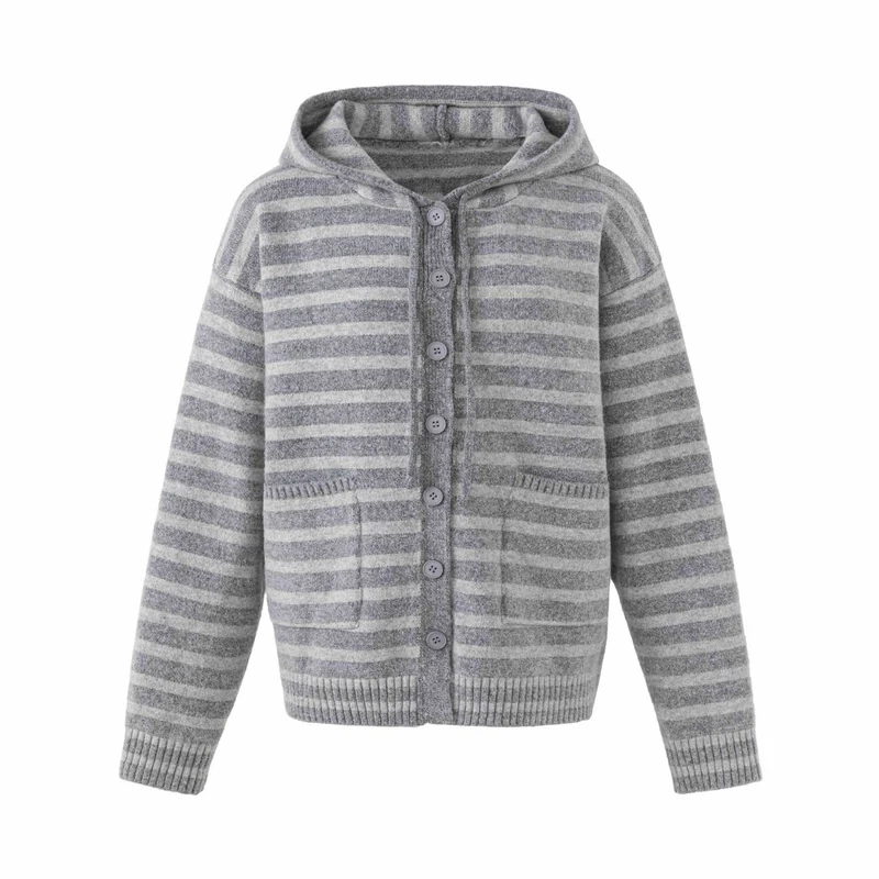 Damen Kapuzenstrickjacke mit Knopfleiste und Blockstreifen Nord Taschen