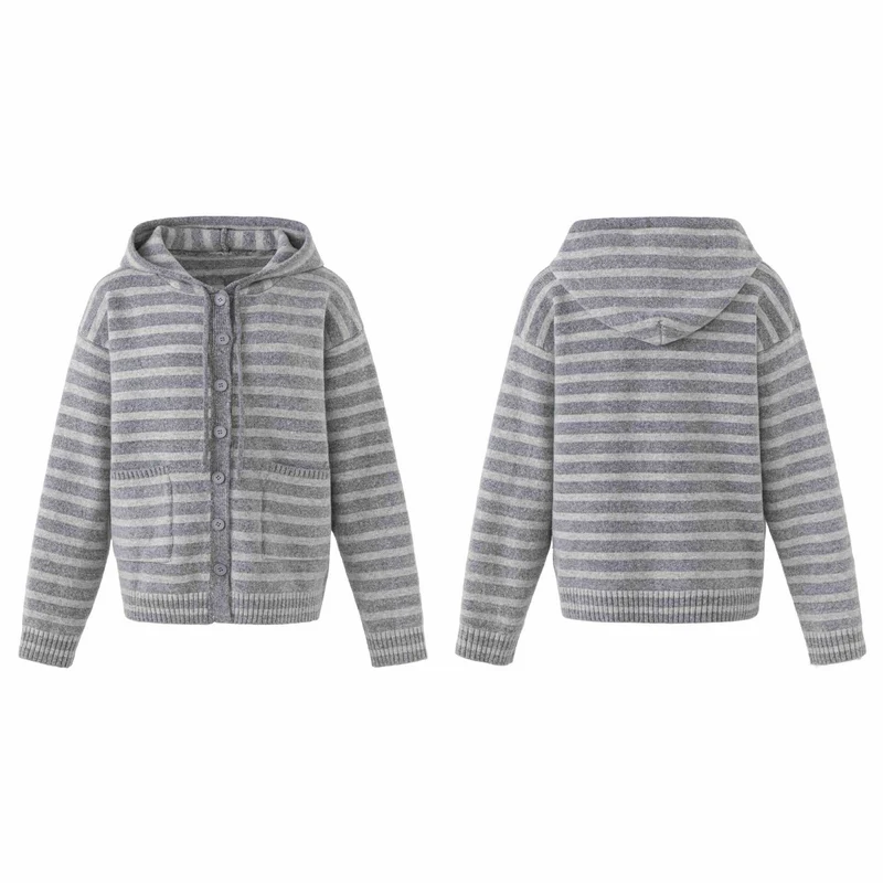 Damen Kapuzenstrickjacke mit Knopfleiste und Blockstreifen Nord Taschen