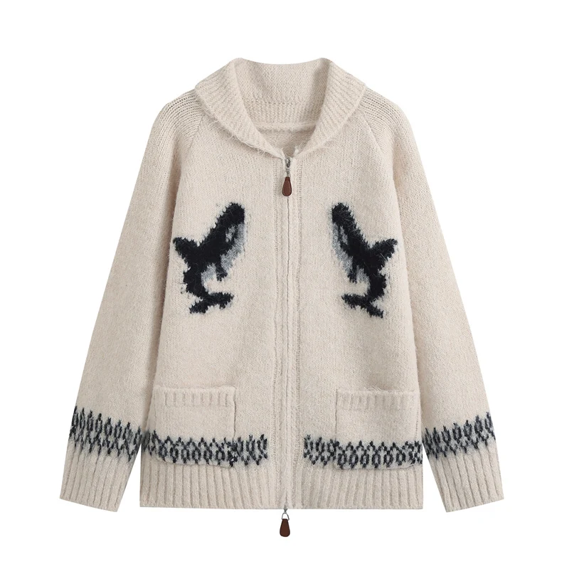 Damen Strickjacke mit Reißverschluss, Schalkragen und Wal‑Intarsien Nord Taschen