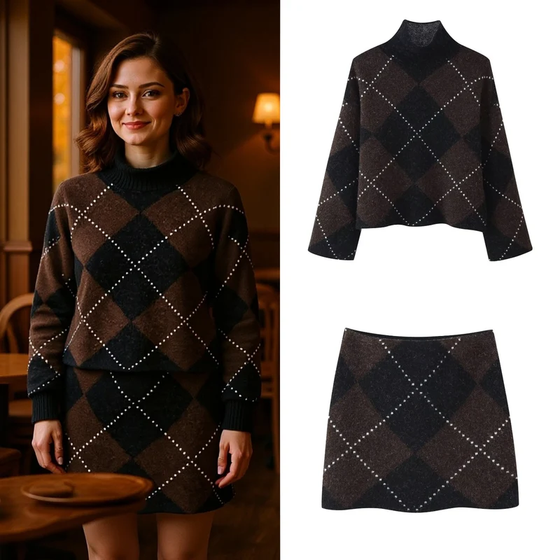 Damen Strick‑Set aus Rollkragen‑Poncho und Minirock mit Argyle‑Muster Nord Taschen