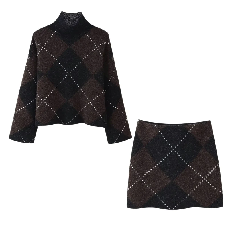 Damen Strick‑Set aus Rollkragen‑Poncho und Minirock mit Argyle‑Muster Nord Taschen