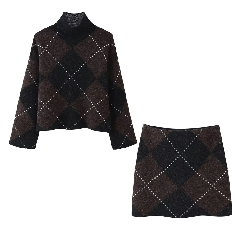 Damen Strick‑Set aus Rollkragen‑Poncho und Minirock mit Argyle‑Muster Nord Taschen