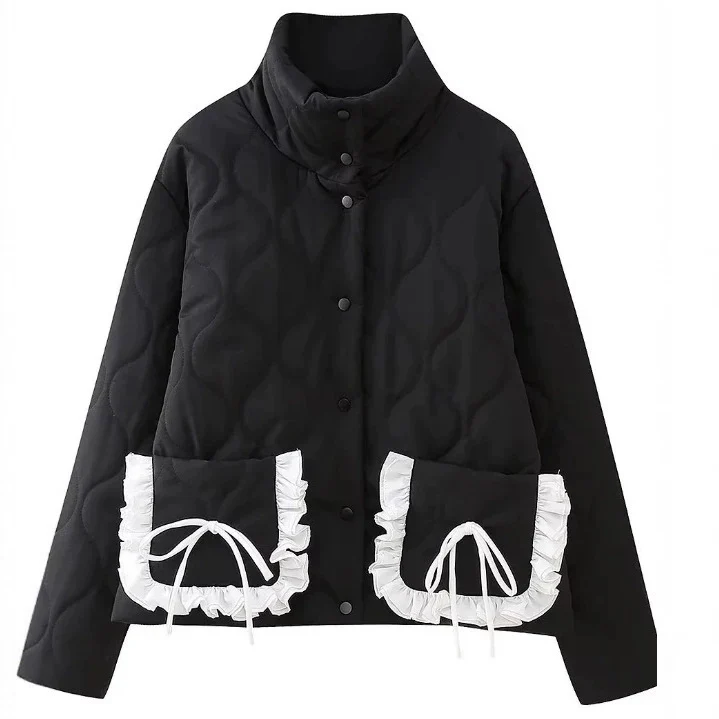 Damen Steppjacke mit Stehkragen und kontrastverzierten Rüschen-Taschen Nord Taschen
