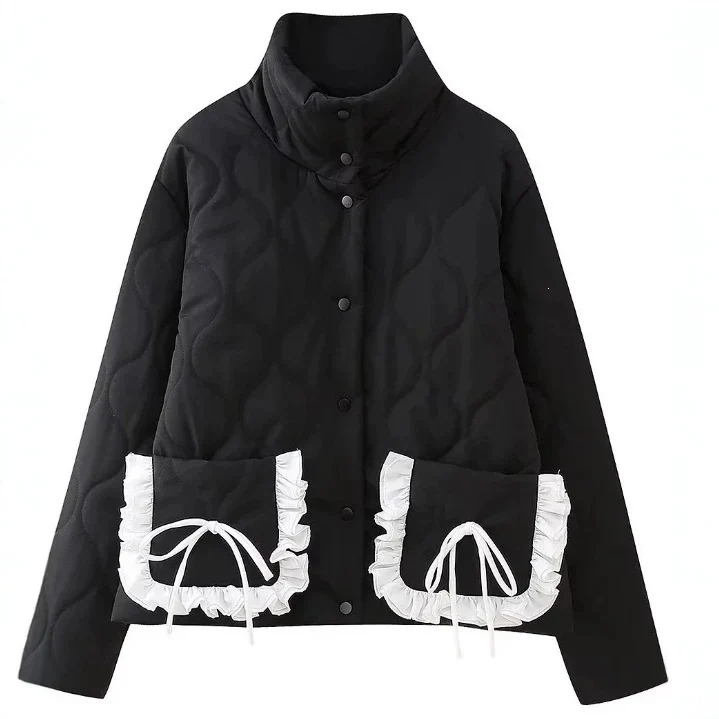 Damen Steppjacke mit Stehkragen und kontrastverzierten Rüschen-Taschen Nord Taschen
