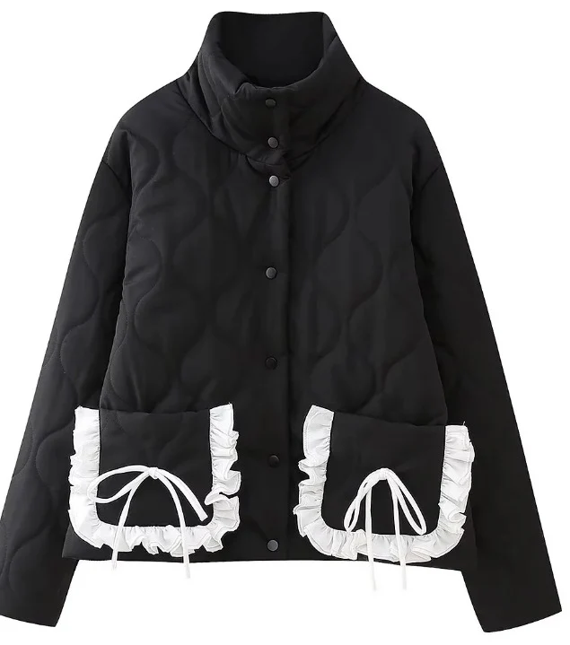 Damen Steppjacke mit Stehkragen und kontrastverzierten Rüschen-Taschen Nord Taschen