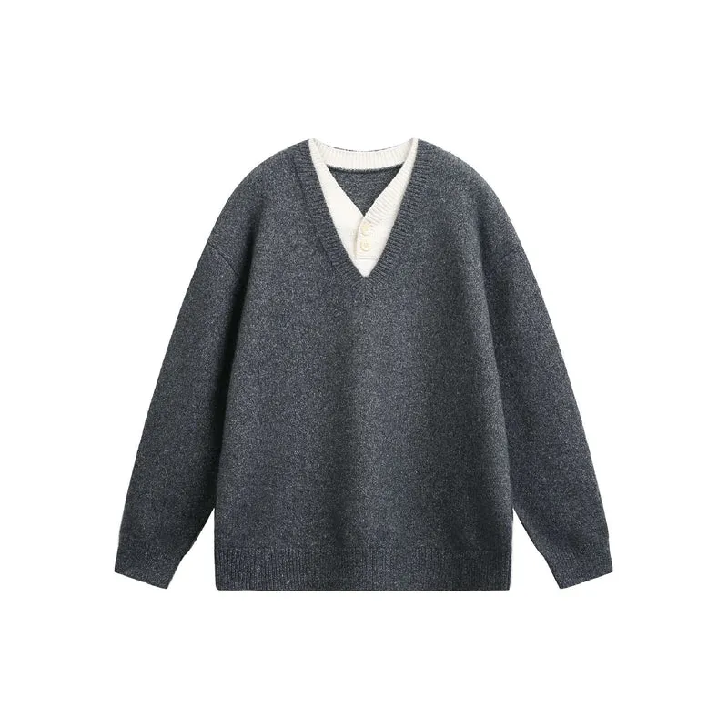Damen Oversize V Neck Strickpullover mit Henley-Optik und gerippten Bündchen Nord Taschen