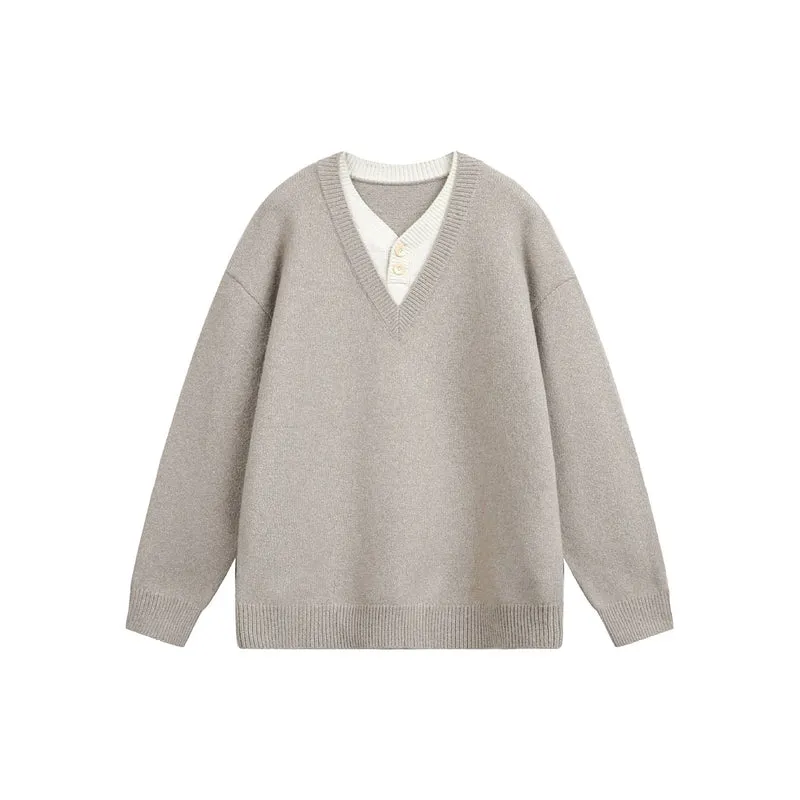 Damen Oversize V Neck Strickpullover mit Henley-Optik und gerippten Bündchen Nord Taschen
