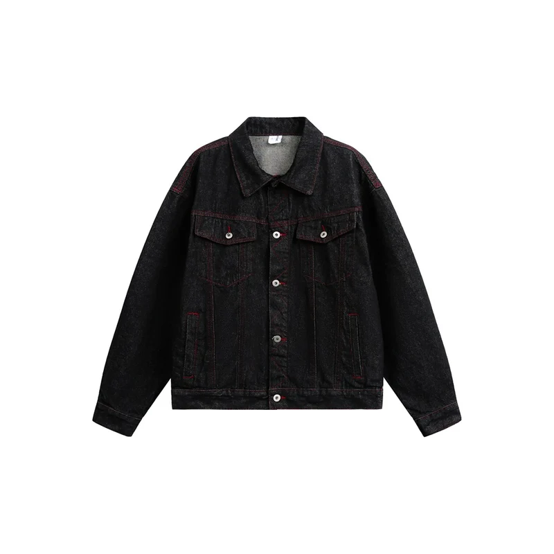 Herren Boxy‑Denimjacke mit roten Kontrastnähten und Metallknöpfen Nord Taschen