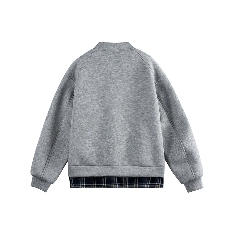 Damen Zwei‑in‑Eins Bomber‑Sweatjacke mit Karo‑Layer‑Einsatz und Stehkragen Nord Taschen