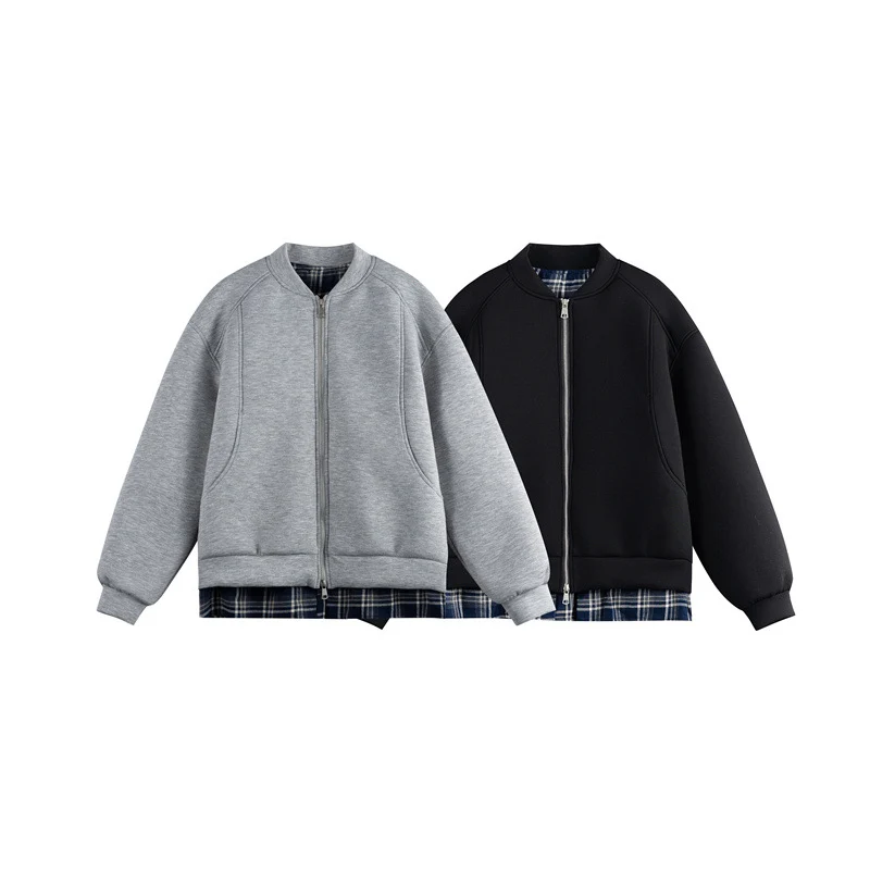 Damen Zwei‑in‑Eins Bomber‑Sweatjacke mit Karo‑Layer‑Einsatz und Stehkragen Nord Taschen