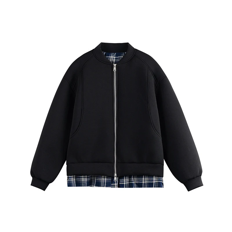 Damen Zwei‑in‑Eins Bomber‑Sweatjacke mit Karo‑Layer‑Einsatz und Stehkragen Nord Taschen