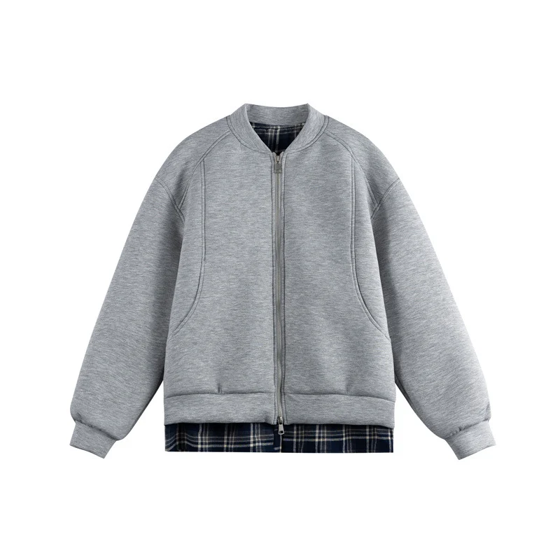 Damen Zwei‑in‑Eins Bomber‑Sweatjacke mit Karo‑Layer‑Einsatz und Stehkragen Nord Taschen