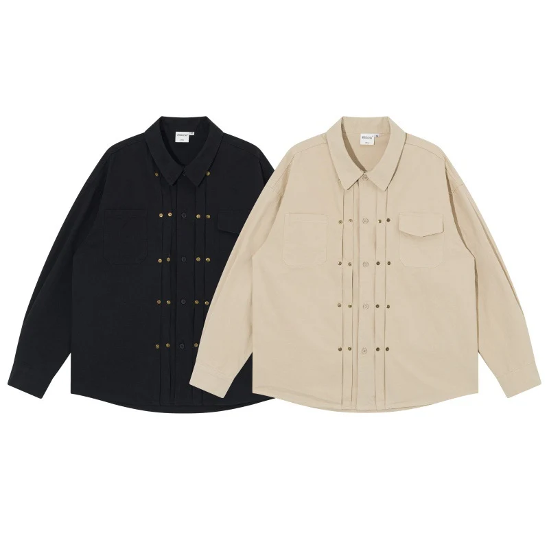 Herren Oversize-Hemdjacke im Workwear-Stil mit Ziersteppungen und Metallnieten Nord Taschen