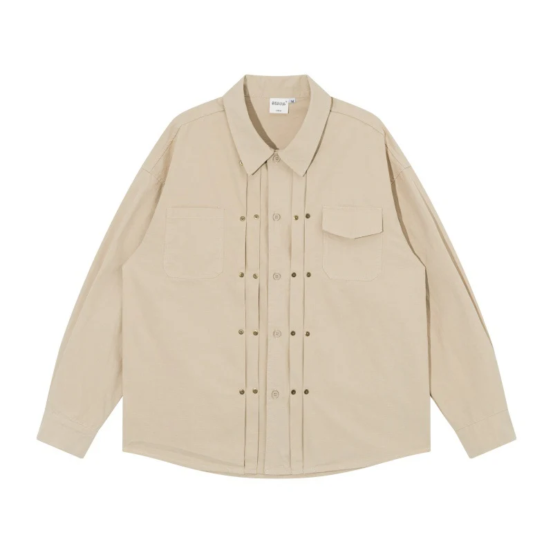 Herren Oversize-Hemdjacke im Workwear-Stil mit Ziersteppungen und Metallnieten Nord Taschen