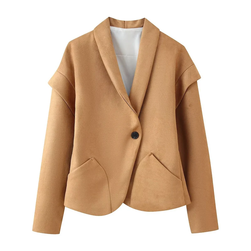 Damen Kurzblazer aus Wildlederoptik mit Schalkragen und abgerundetem Saum Nord Taschen