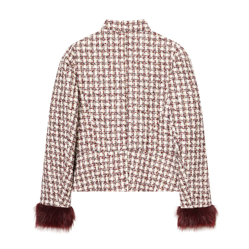 Damen Kurzblazer aus Bouclé‑Tweed mit Stehkragen und Kunstfellmanschetten Nord Taschen