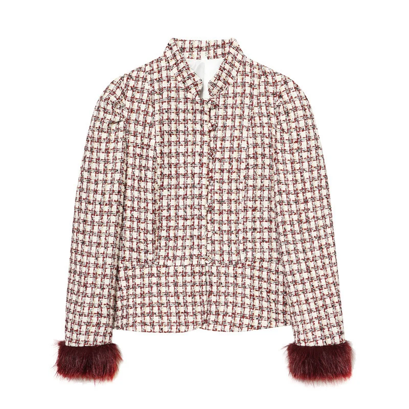 Damen Kurzblazer aus Bouclé‑Tweed mit Stehkragen und Kunstfellmanschetten Nord Taschen