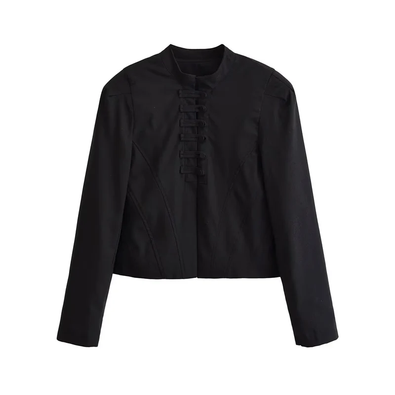Damen kurz taillierte Jacke mit Stehkragen und dekorativer Schlaufenleiste Nord Taschen