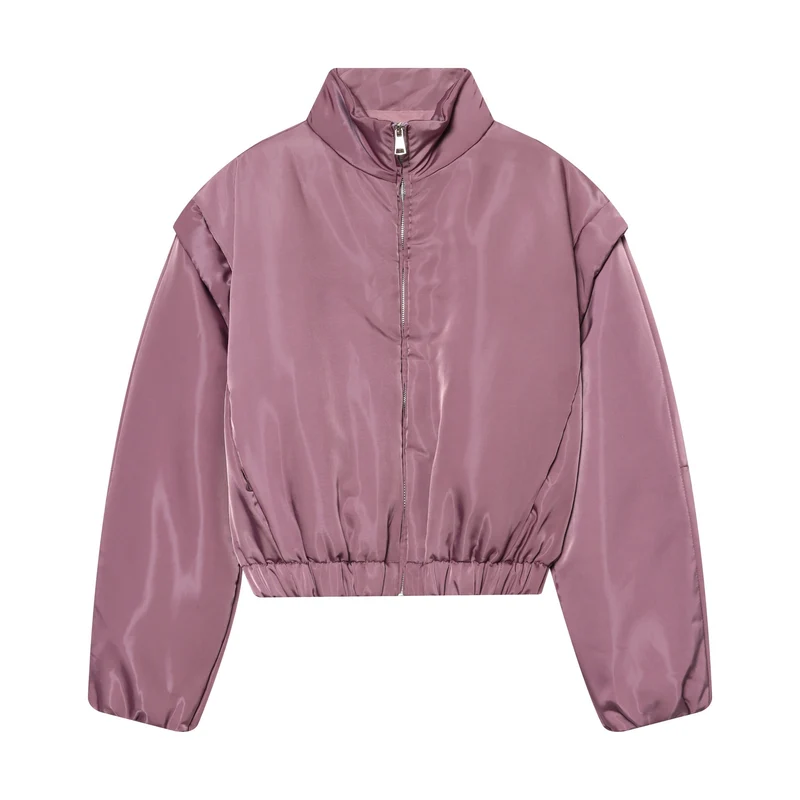 Damen Gekürzte wattierte Satinjacke mit hohem Stehkragen und Taillen-Smock Nord Taschen