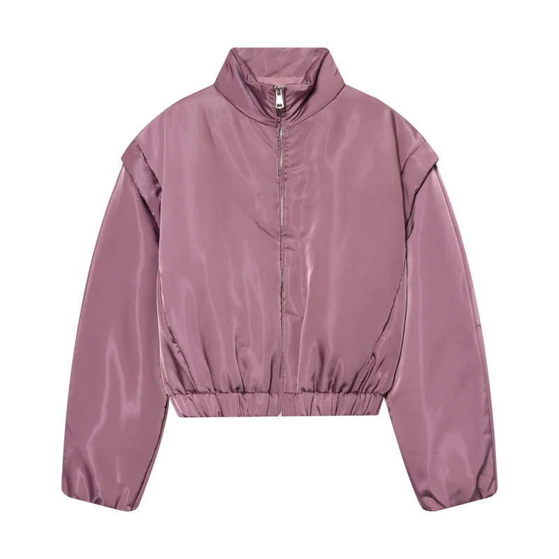 Damen Gekürzte wattierte Satinjacke mit hohem Stehkragen und Taillen-Smock Nord Taschen