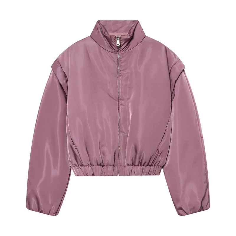 Damen Gekürzte wattierte Satinjacke mit hohem Stehkragen und Taillen-Smock Nord Taschen