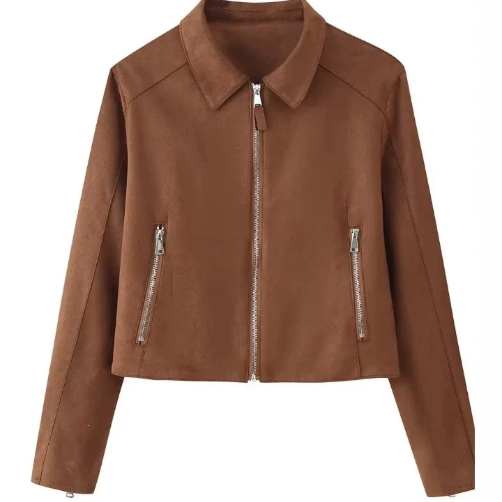 Damen Gekürzte Velourslederjacke mit Hemdkragen, durchgehendem Metallreißverschluss und Zipper-Taschen Nord Taschen