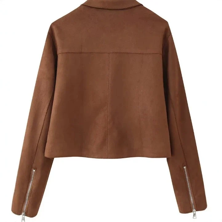Damen Gekürzte Velourslederjacke mit Hemdkragen, durchgehendem Metallreißverschluss und Zipper-Taschen Nord Taschen