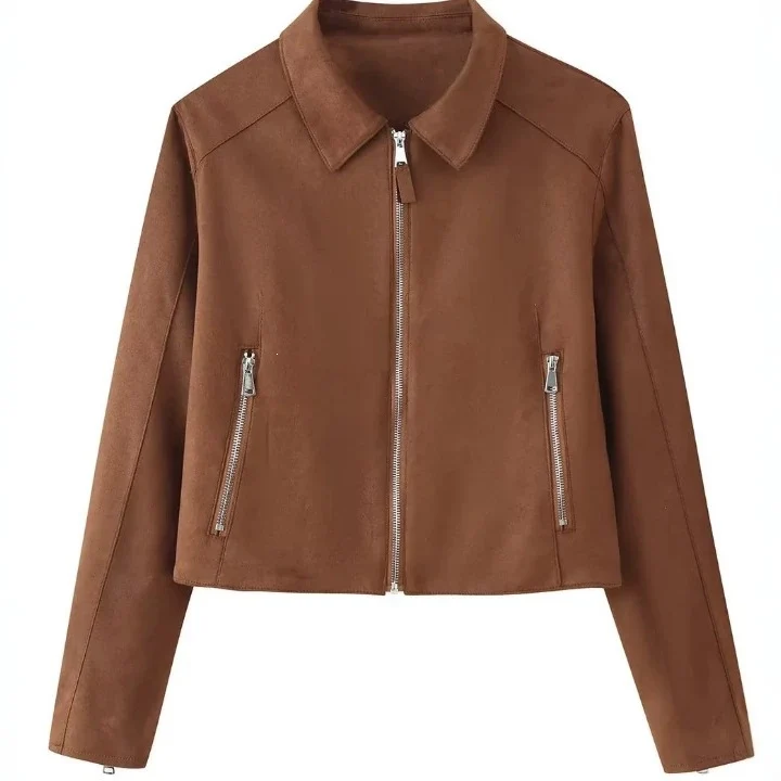 Damen Gekürzte Velourslederjacke mit Hemdkragen, durchgehendem Metallreißverschluss und Zipper-Taschen Nord Taschen