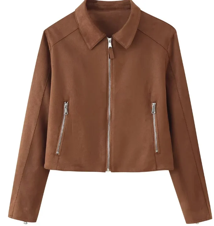 Damen Gekürzte Velourslederjacke mit Hemdkragen, durchgehendem Metallreißverschluss und Zipper-Taschen Nord Taschen