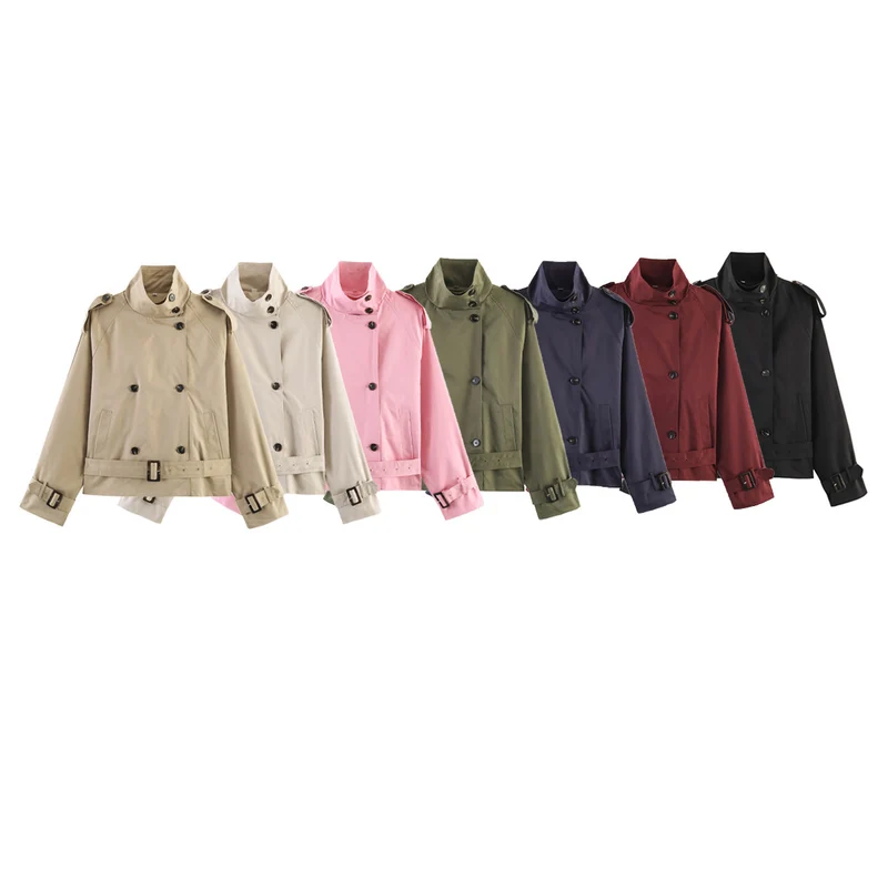 Damen gekürzte Trenchjacke mit Stehkragen doppelter Knopfreihe und Taillengürtel Nord Taschen