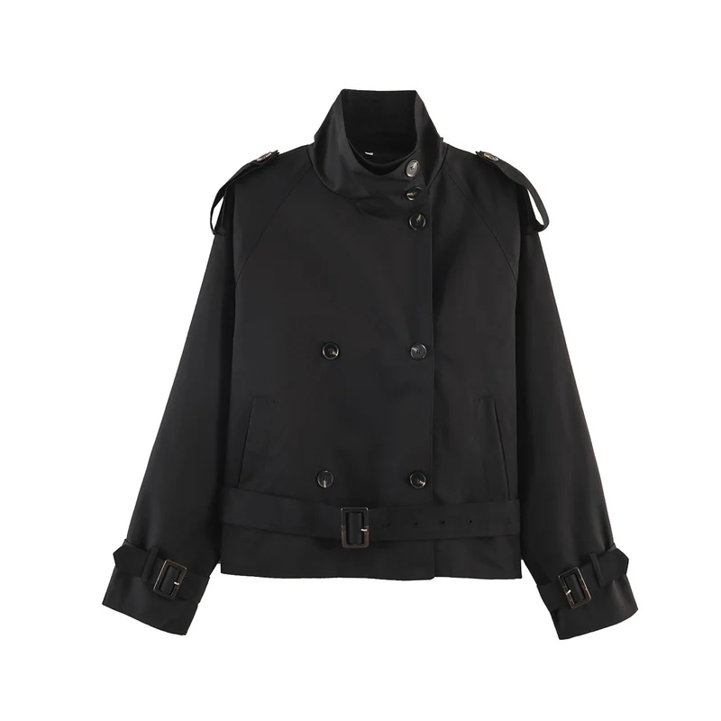 Damen gekürzte Trenchjacke mit Stehkragen doppelter Knopfreihe und Taillengürtel Nord Taschen