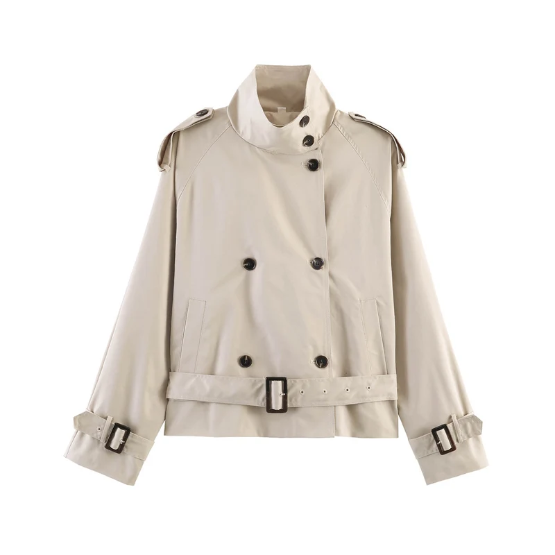 Damen gekürzte Trenchjacke mit Stehkragen doppelter Knopfreihe und Taillengürtel Nord Taschen