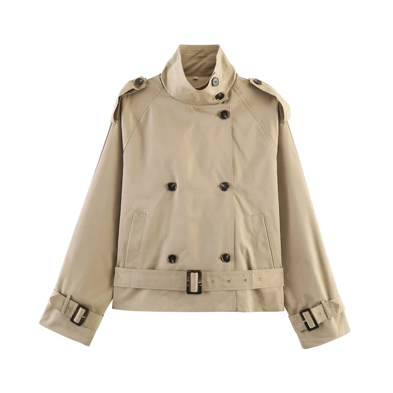 Damen gekürzte Trenchjacke mit Stehkragen doppelter Knopfreihe und Taillengürtel Nord Taschen