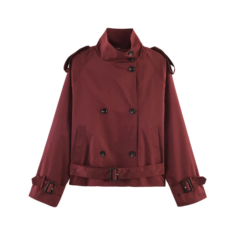 Damen gekürzte Trenchjacke mit Stehkragen doppelter Knopfreihe und Taillengürtel Nord Taschen