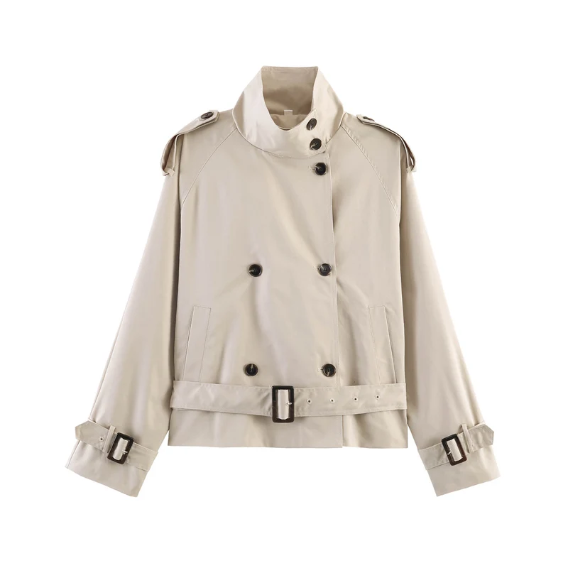 Damen gekürzte Trenchjacke mit Stehkragen doppelter Knopfreihe und Taillengürtel Nord Taschen