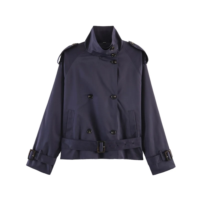 Damen gekürzte Trenchjacke mit Stehkragen doppelter Knopfreihe und Taillengürtel Nord Taschen