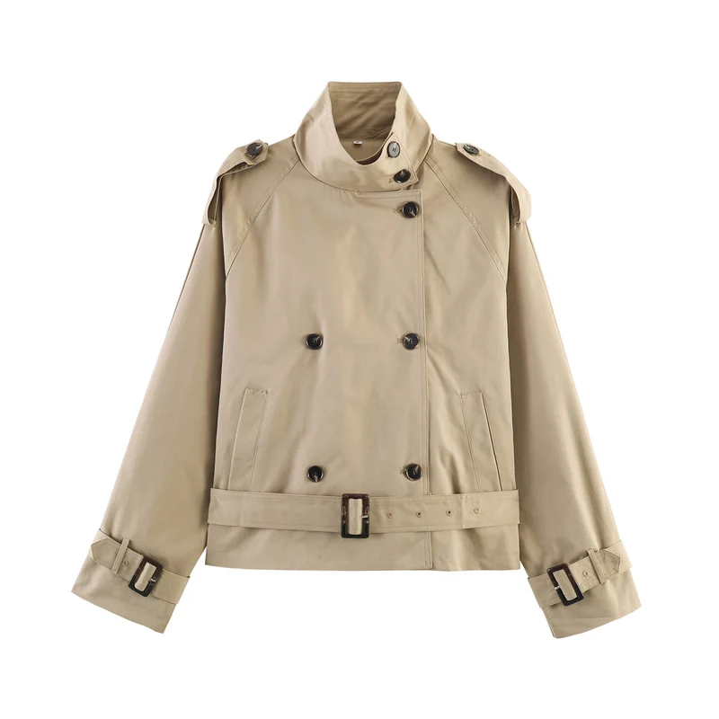 Damen gekürzte Trenchjacke mit Stehkragen doppelter Knopfreihe und Taillengürtel Nord Taschen