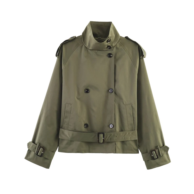 Damen gekürzte Trenchjacke mit Stehkragen doppelter Knopfreihe und Taillengürtel Nord Taschen