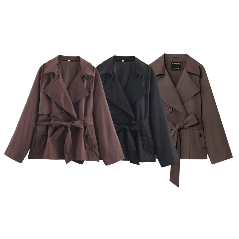 Damen Gekürzte Trenchjacke mit Schalkragen, Bindegürtel und Pattentaschen Nord Taschen