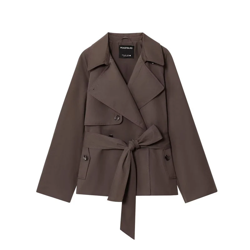 Damen Gekürzte Trenchjacke mit Schalkragen, Bindegürtel und Pattentaschen Nord Taschen