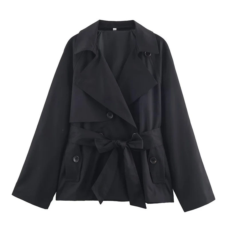 Damen Gekürzte Trenchjacke mit Schalkragen, Bindegürtel und Pattentaschen Nord Taschen
