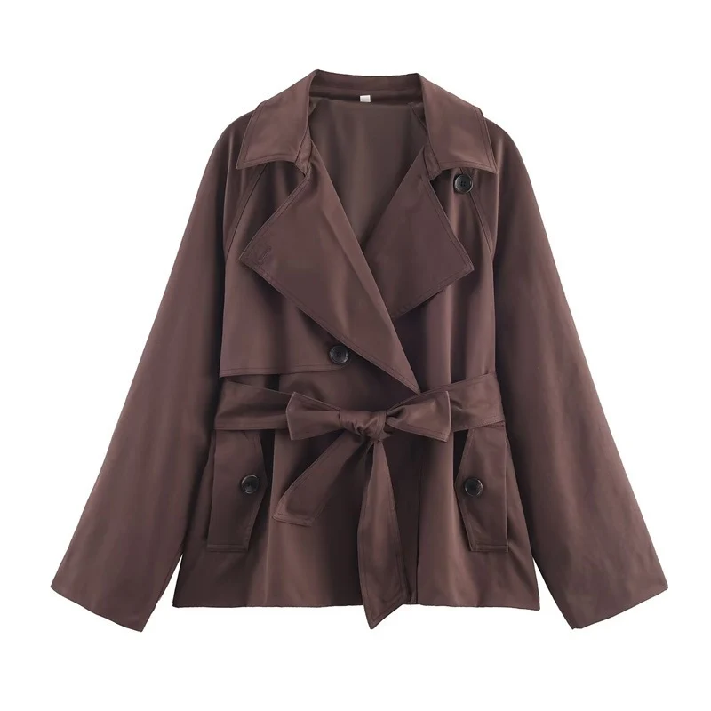 Damen Gekürzte Trenchjacke mit Schalkragen, Bindegürtel und Pattentaschen Nord Taschen