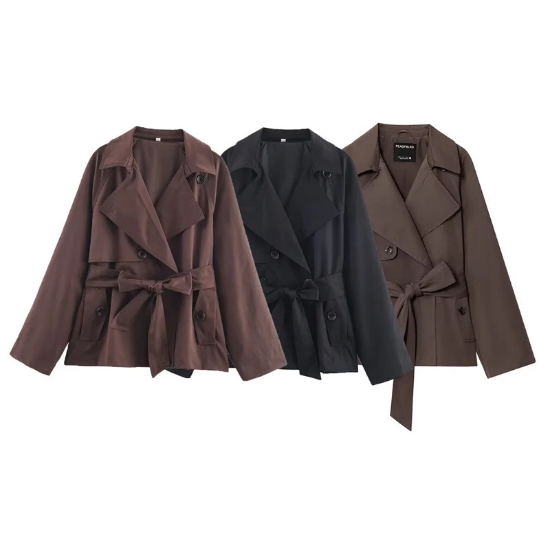 Damen Gekürzte Trenchjacke mit Schalkragen, Bindegürtel und Pattentaschen Nord Taschen