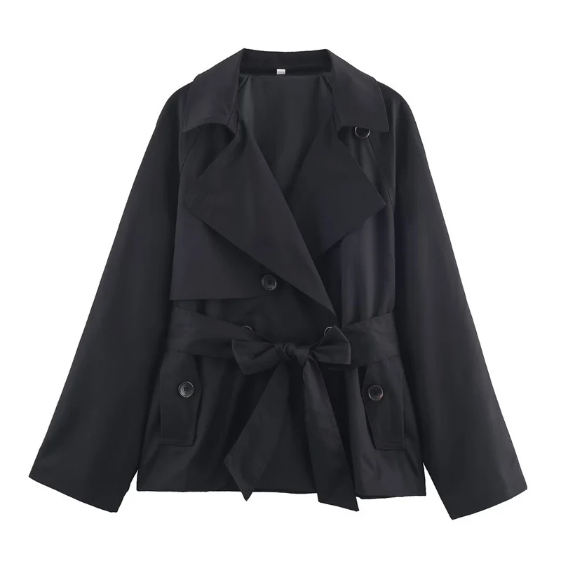 Damen Gekürzte Trenchjacke mit Schalkragen, Bindegürtel und Pattentaschen Nord Taschen