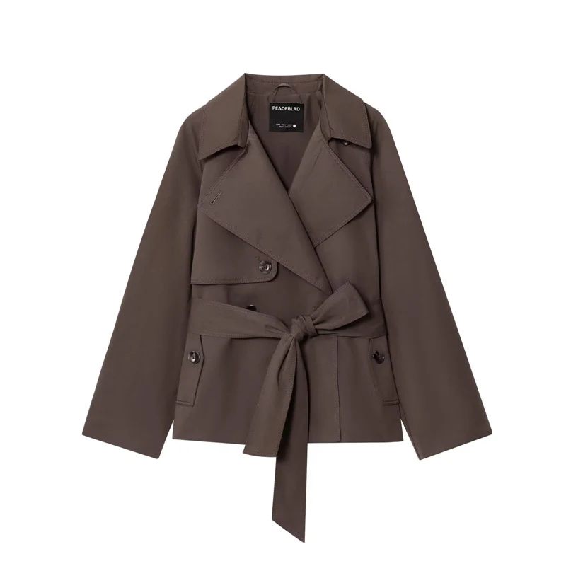 Damen Gekürzte Trenchjacke mit Schalkragen, Bindegürtel und Pattentaschen Nord Taschen