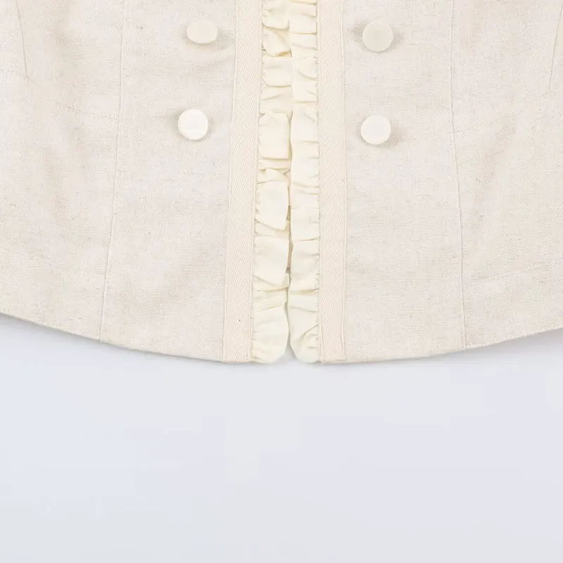 Damen Gekürzte taillierte Jacke mit Stehkragen Rüschenblende und Zierknöpfen Nord Taschen