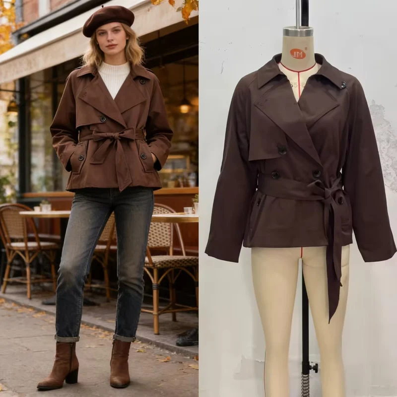 Damen Gekürzte Taillengürtel-Trenchjacke mit breitem Revers und Pattentaschen Nord Taschen