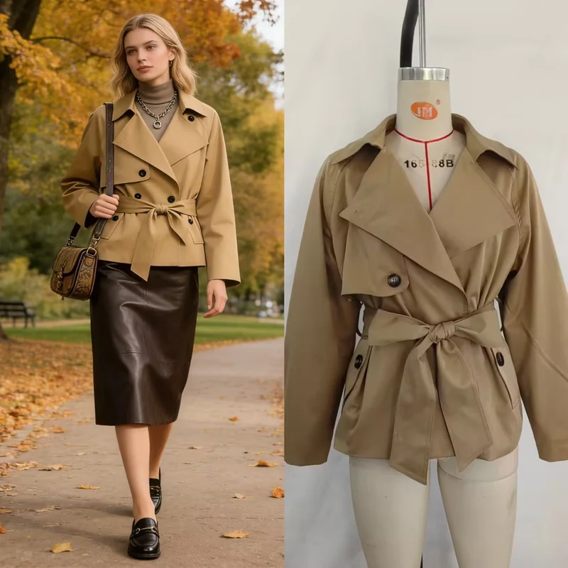 Damen Gekürzte Taillengürtel-Trenchjacke mit breitem Revers und Pattentaschen Nord Taschen