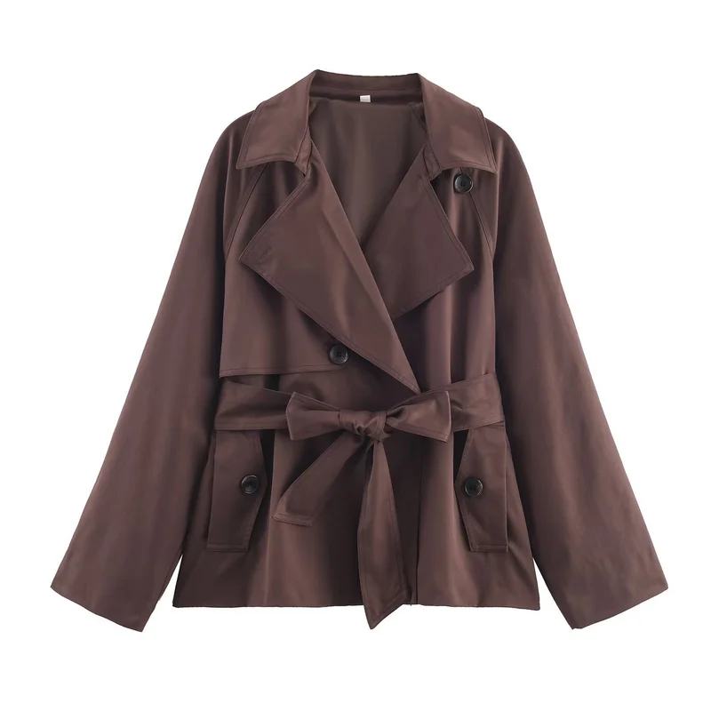 Damen Gekürzte Taillengürtel-Trenchjacke mit breitem Revers und Pattentaschen Nord Taschen